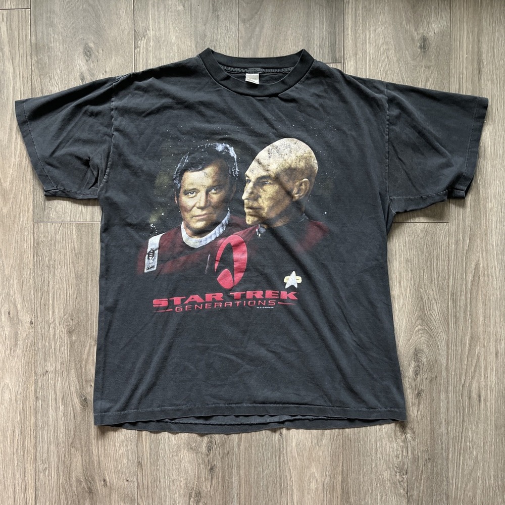 VTG Star Trek Generations 1994 Mens XL T Shirt Black Short Sleeve Kirk Picard